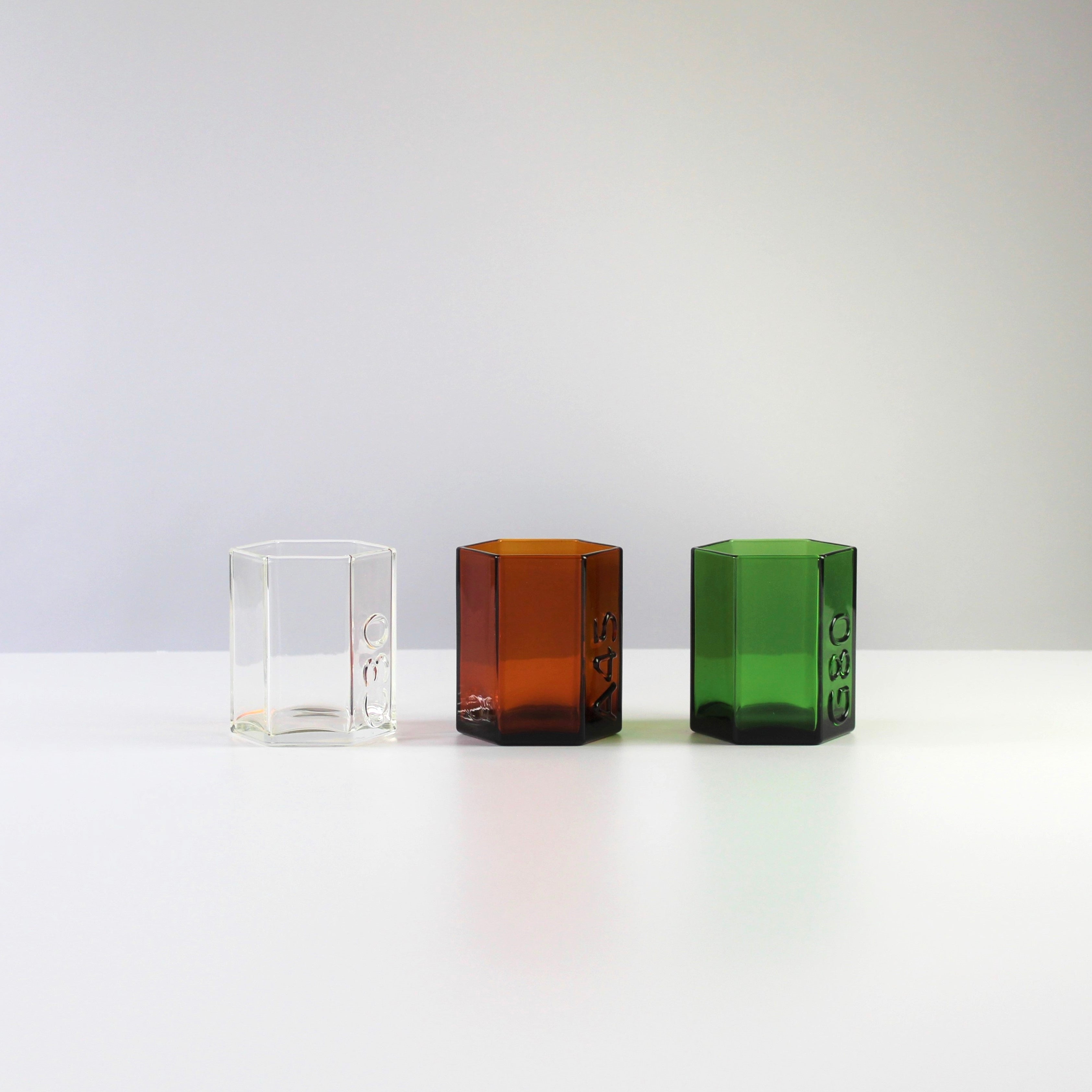 3 x Recycled Coloured Glass Hexagon Pots – Desk Organisers & Planters