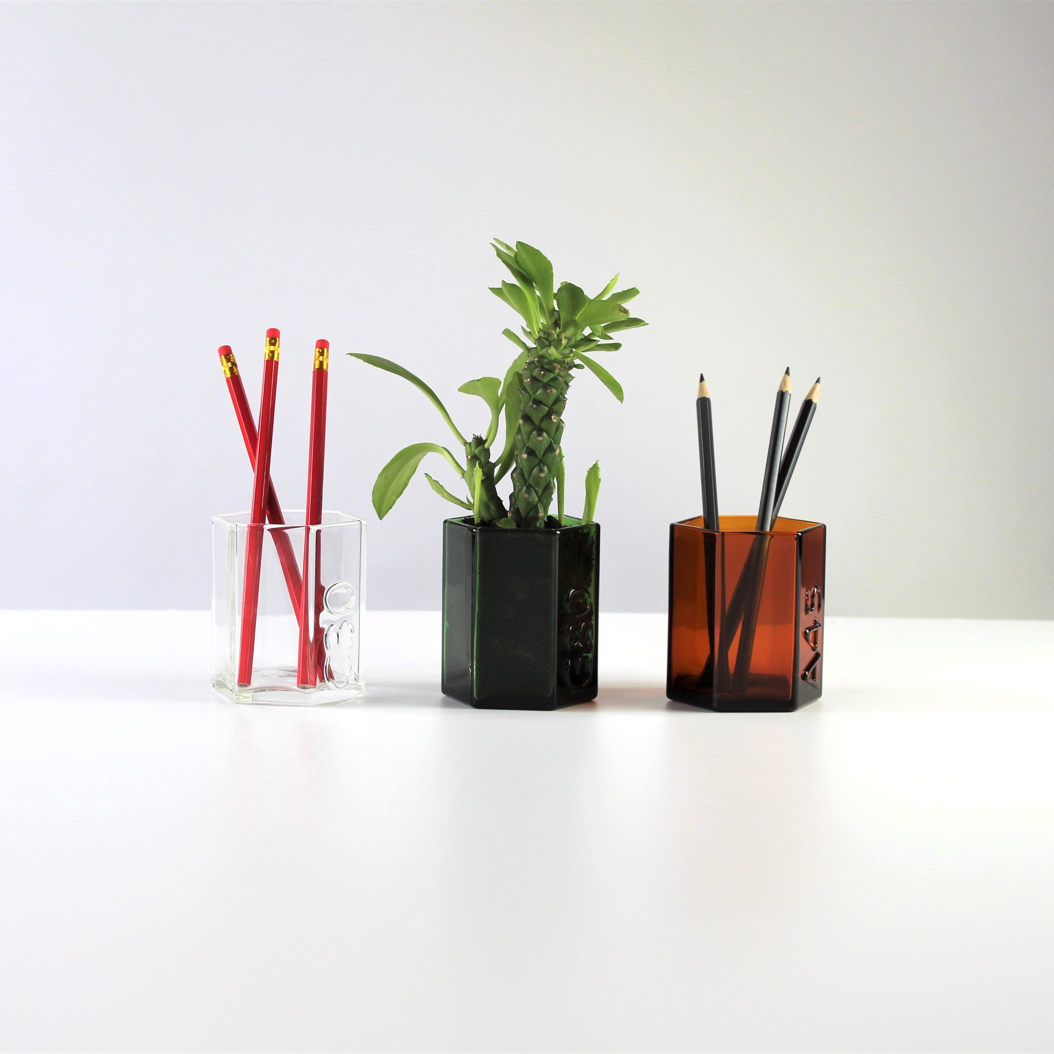 3 x Recycled Coloured Glass Hexagon Pots – Desk Organisers & Planters
