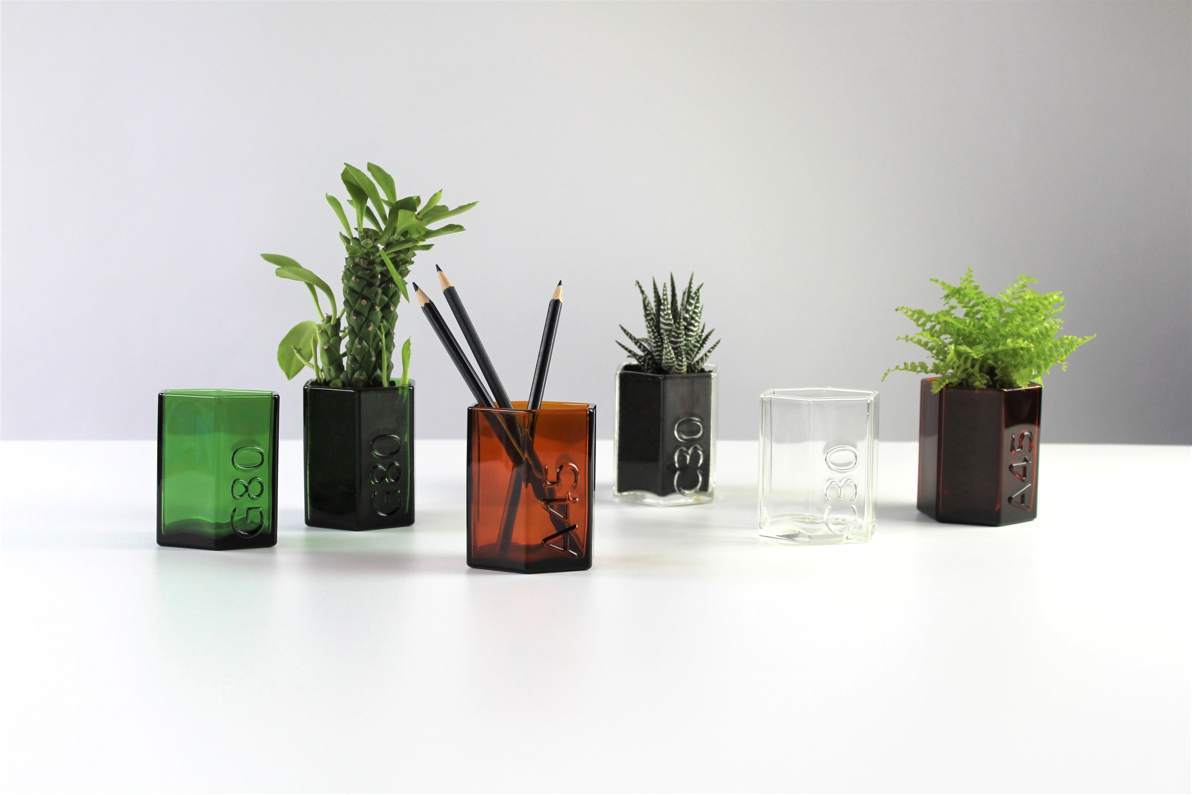 3 x Recycled Coloured Glass Hexagon Pots – Desk Organisers & Planters