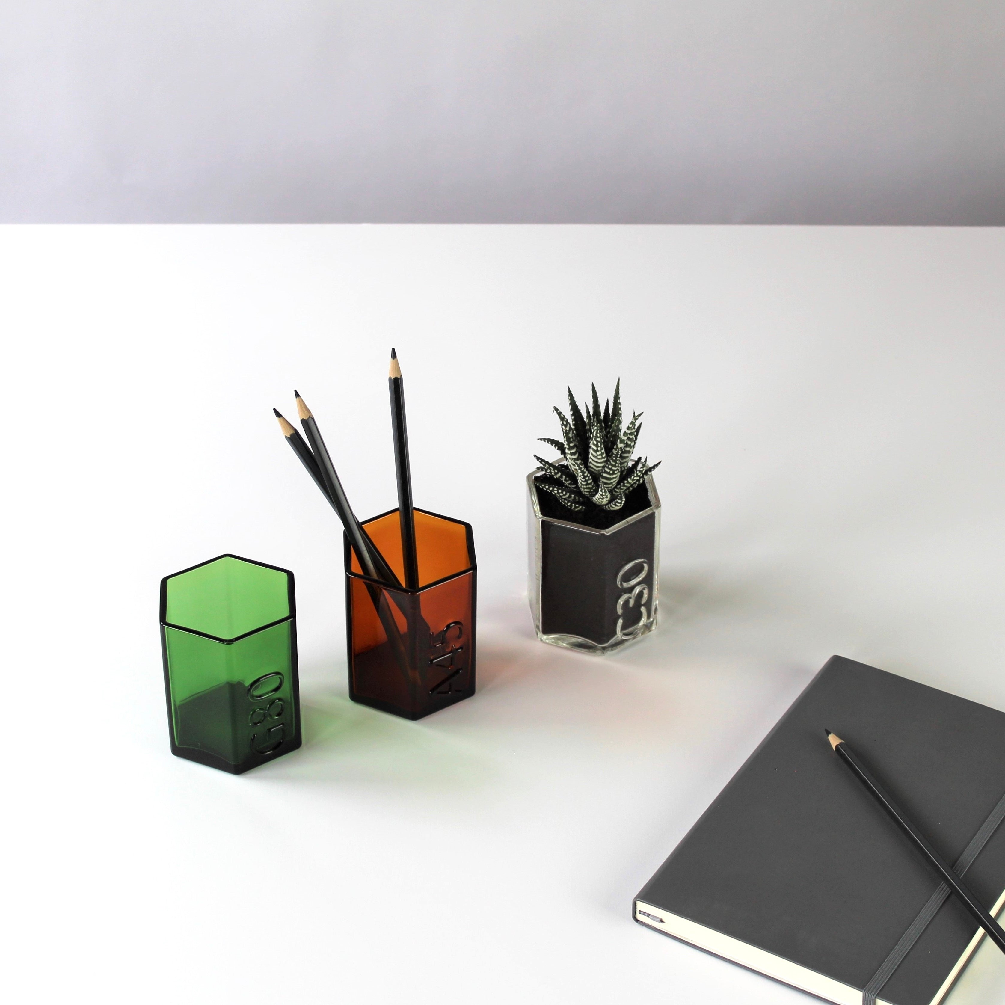 3 x Recycled Coloured Glass Hexagon Pots – Desk Organisers & Planters