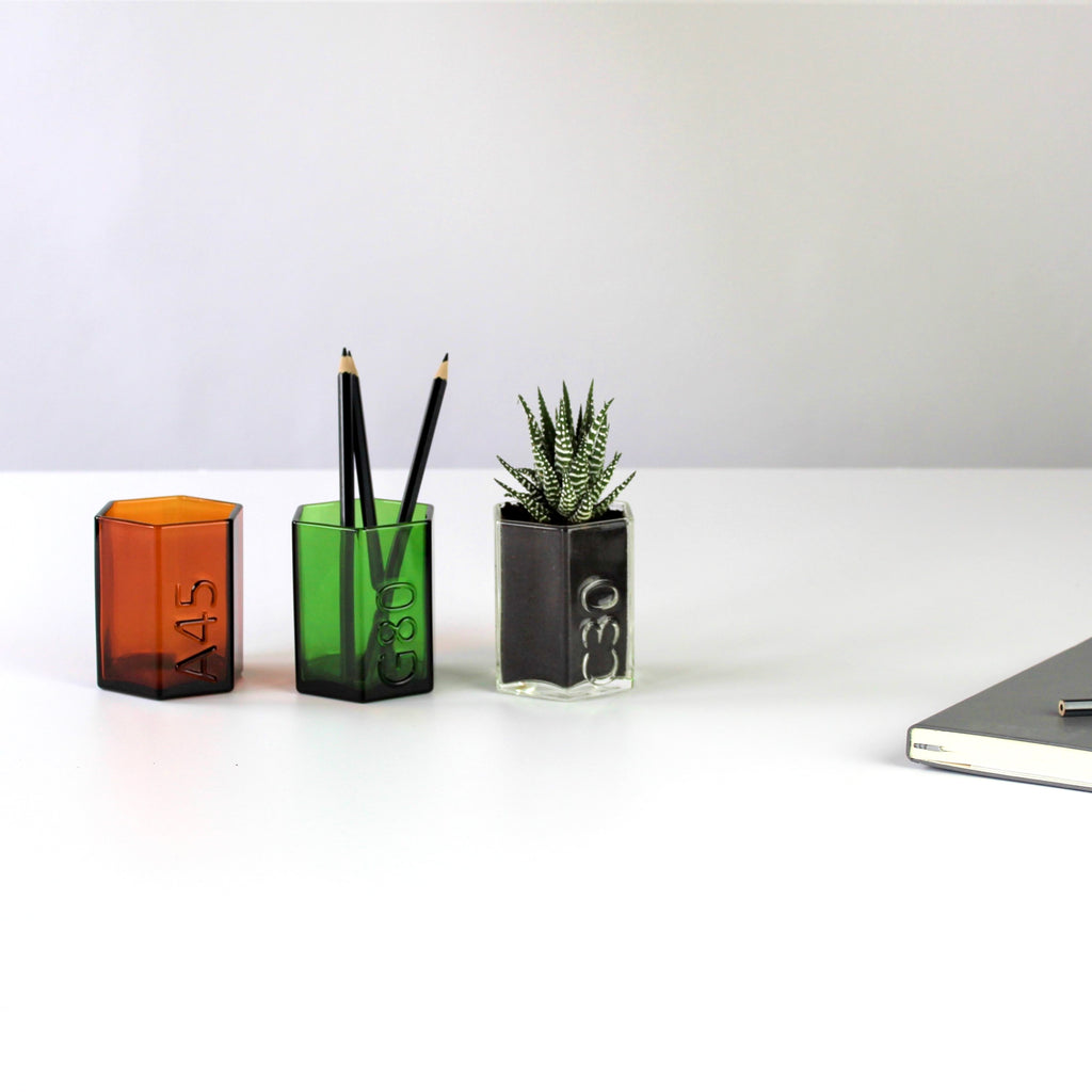 3 x Recycled Coloured Glass Hexagon Pots – Desk Organisers & Planters