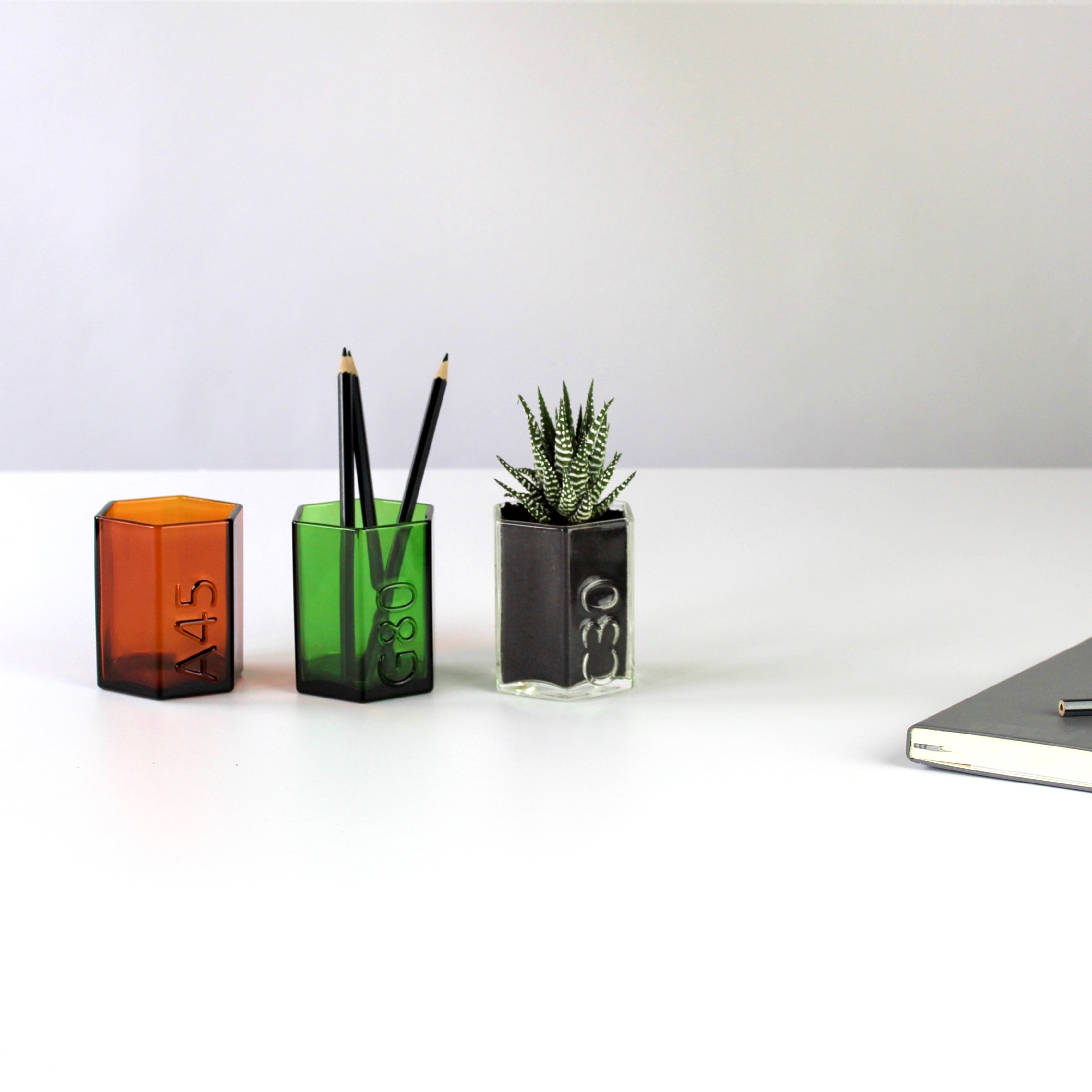 3 x Recycled Coloured Glass Hexagon Pots – Desk Organisers & Planters